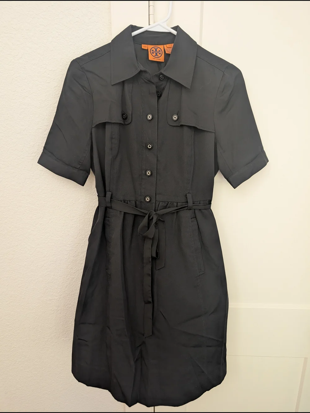 Tory Burch Black Short-Sleeve Shirt Dress with Self-Tie Waist